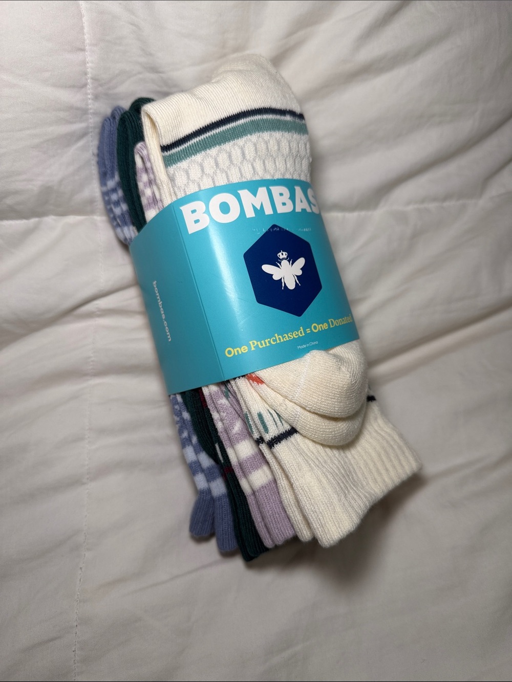 Bombas Women’s Crew Socks x4 - Cream with Green, Purple & Blue Accents